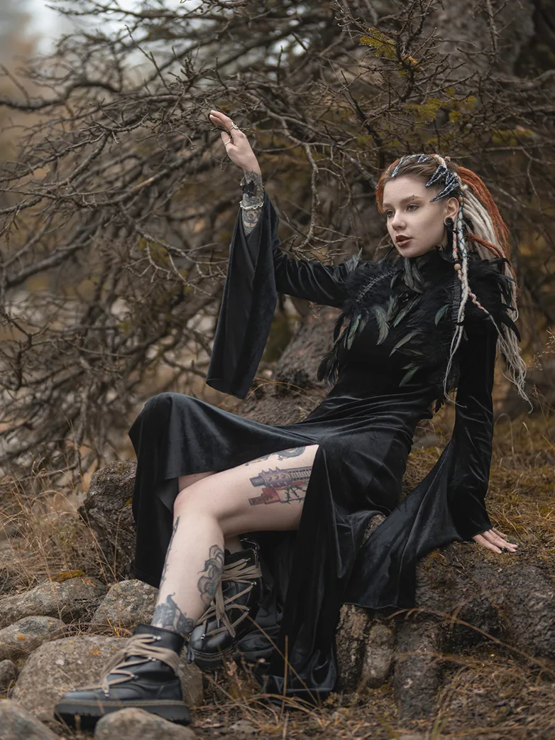 Victorian Gothic Stand Collar Lace Velvet Slit Dress - Image 8