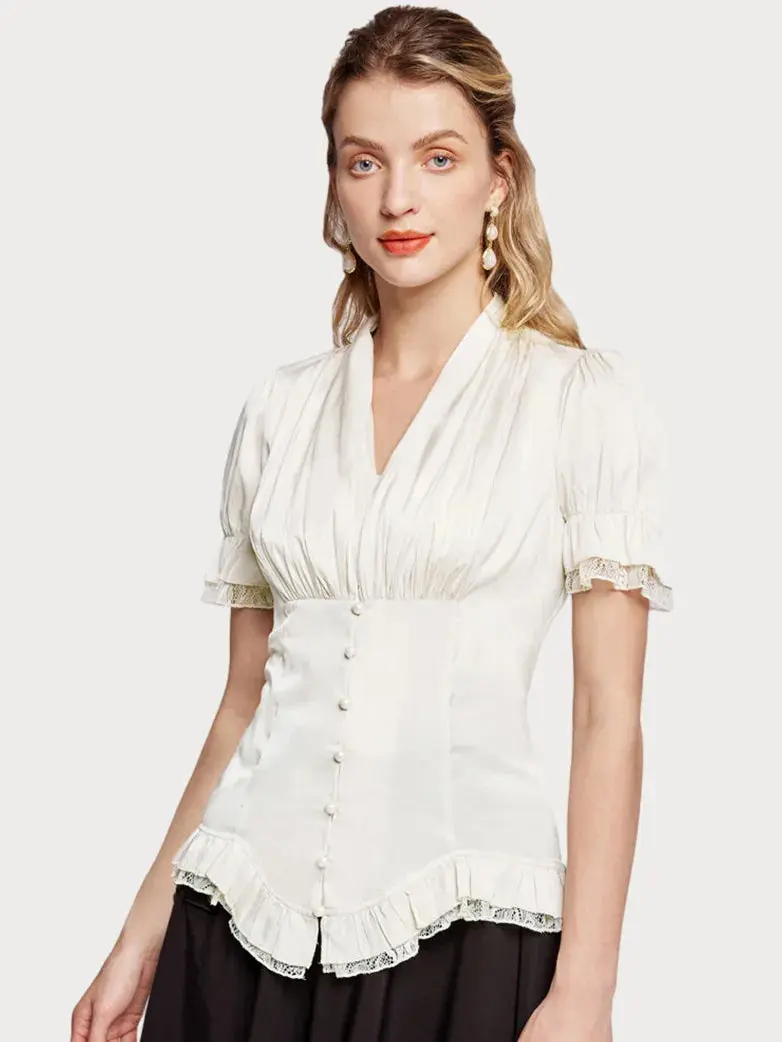 Ladies Victorian Blouse Lace Up Pleated Shirt - Image 15