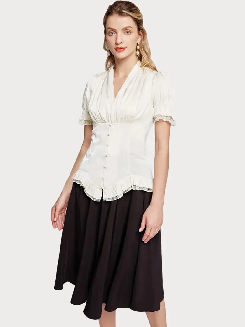 Ladies Victorian Blouse Lace Up Pleated Shirt - Image 16
