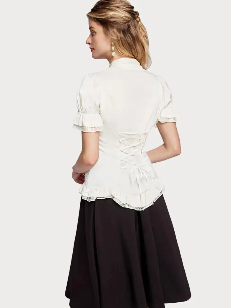 Ladies Victorian Blouse Lace Up Pleated Shirt - Image 17