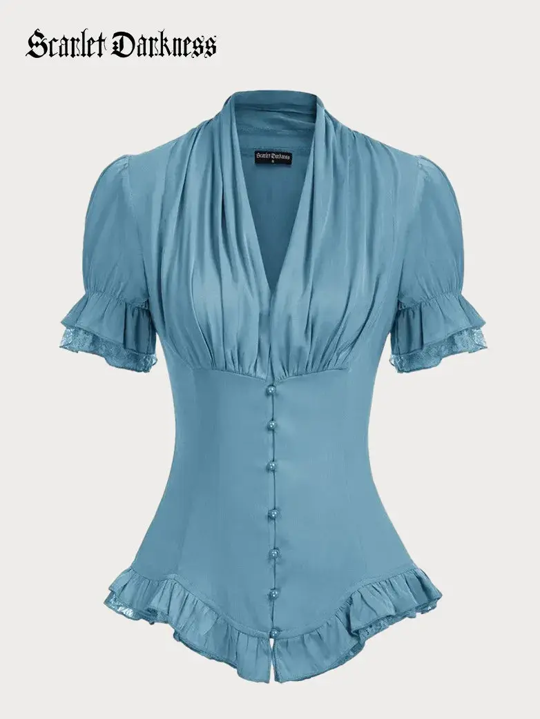 Ladies Victorian Blouse Lace Up Pleated Shirt - Image 18