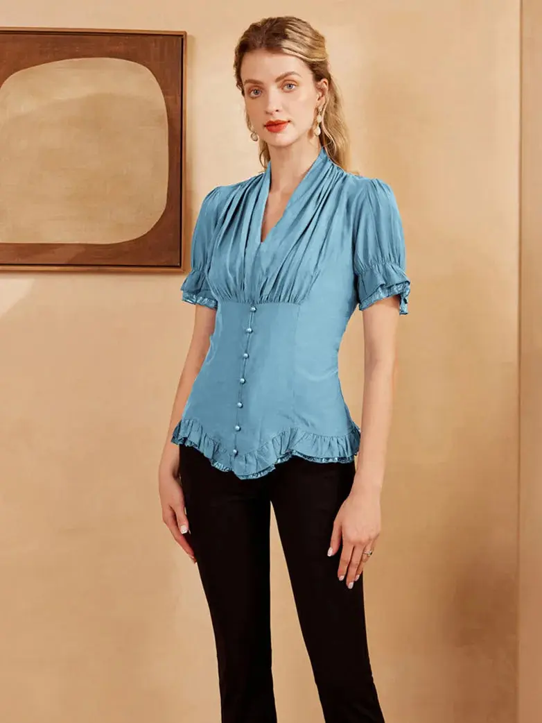 Ladies Victorian Blouse Lace Up Pleated Shirt - Image 20