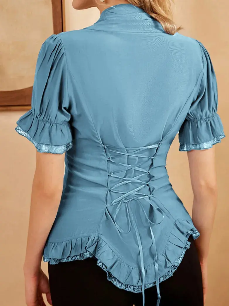 Ladies Victorian Blouse Lace Up Pleated Shirt - Image 21