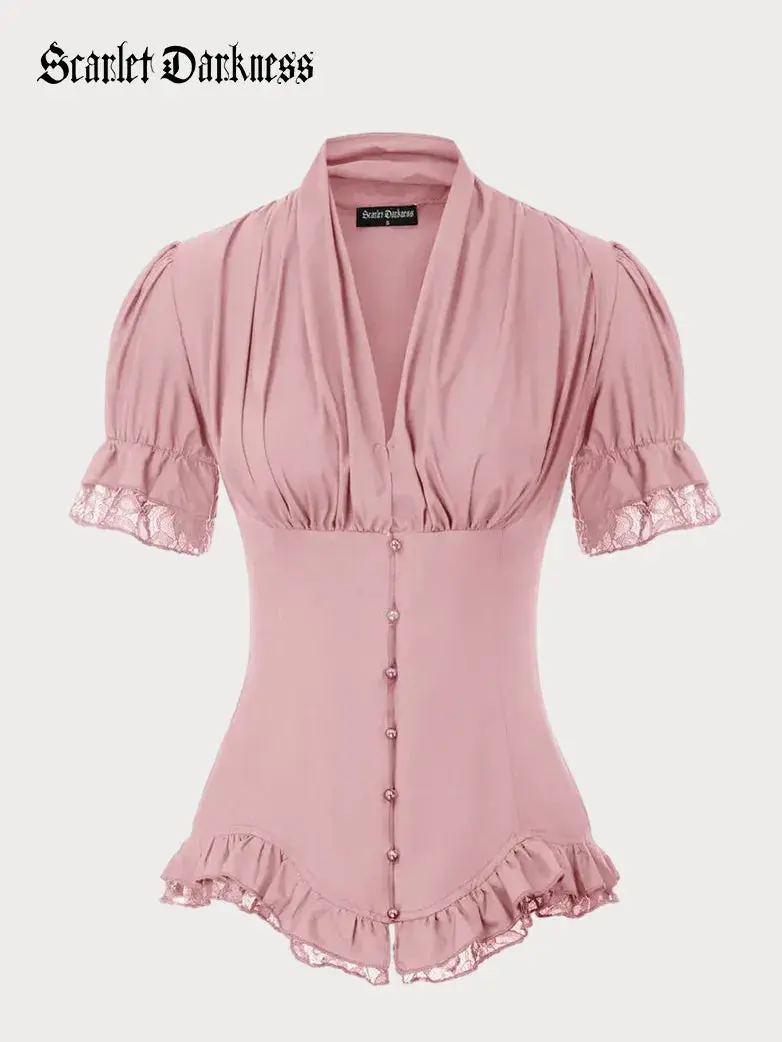 Ladies Victorian Blouse Lace Up Pleated Shirt - Image 22