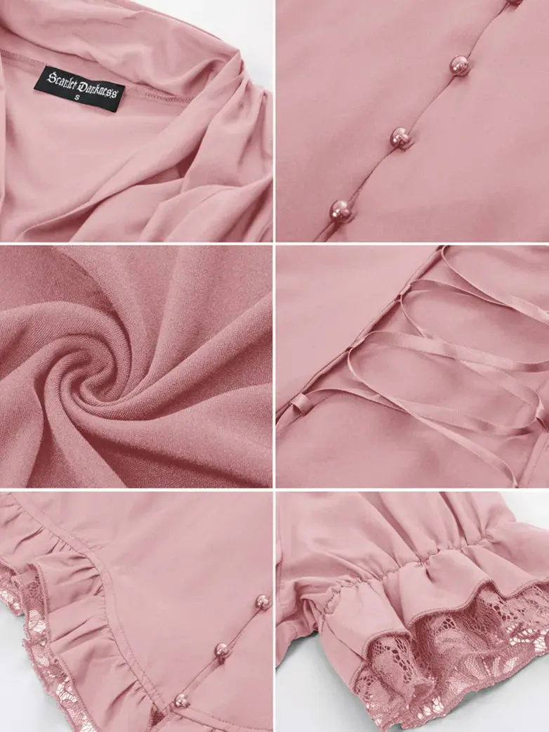 Ladies Victorian Blouse Lace Up Pleated Shirt - Image 23