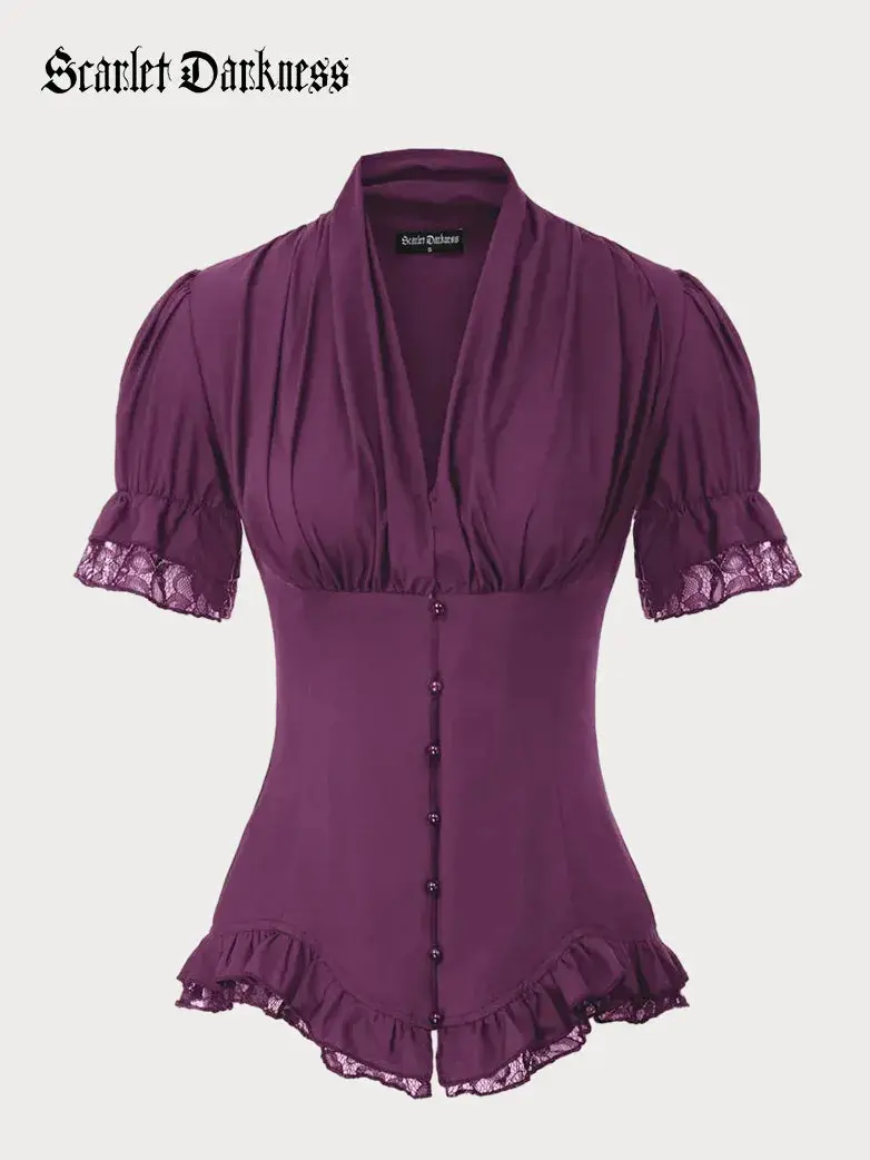 Ladies Victorian Blouse Lace Up Pleated Shirt - Image 25