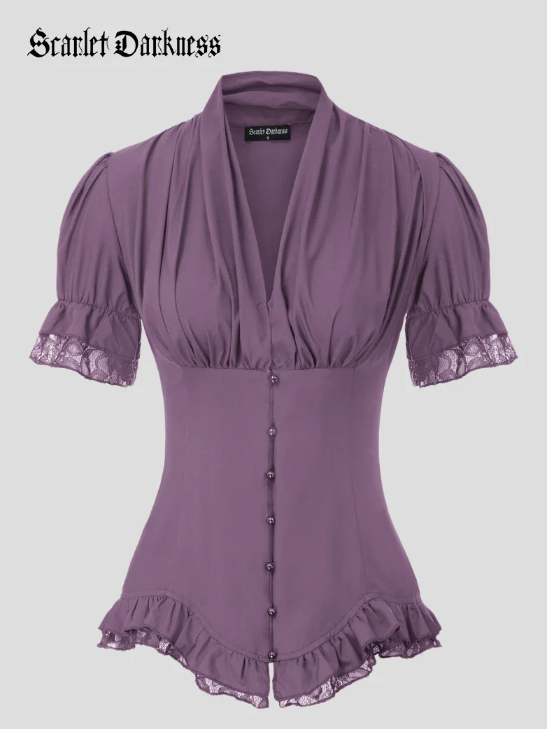 Ladies Victorian Blouse Lace Up Pleated Shirt - Image 29