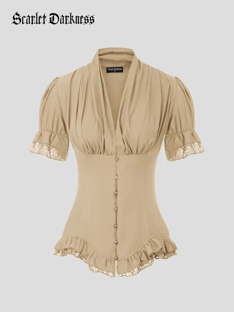 Ladies Victorian Blouse Lace Up Pleated Shirt - Image 32