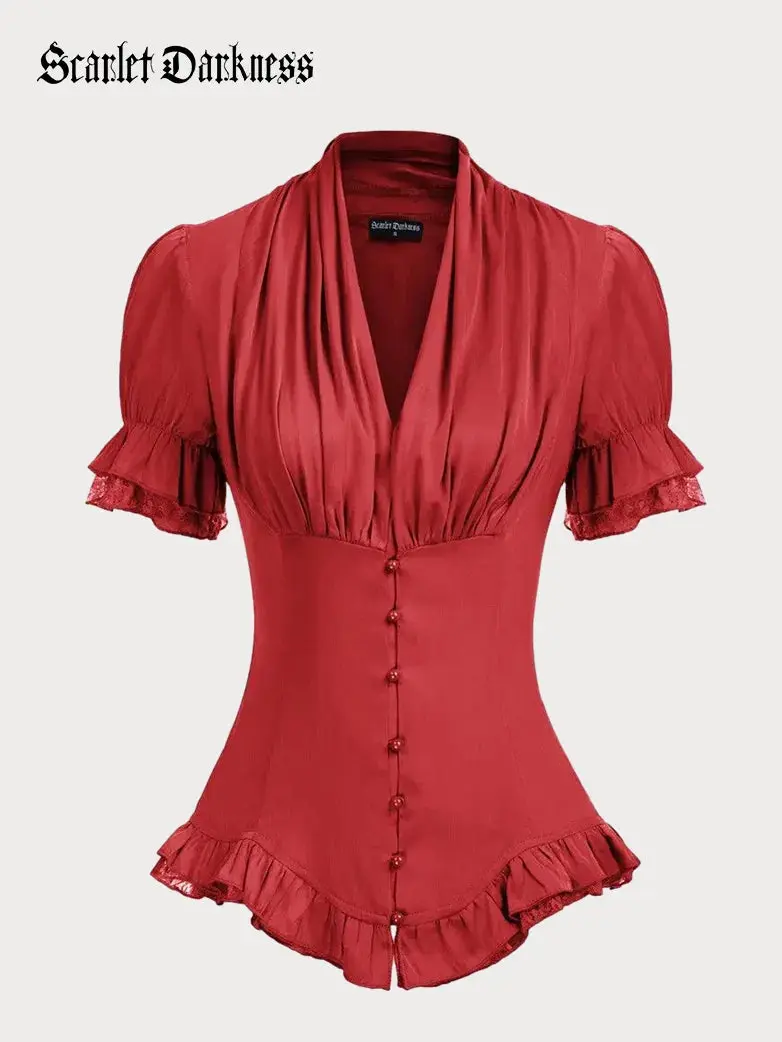 Ladies Victorian Blouse Lace Up Pleated Shirt - Image 4