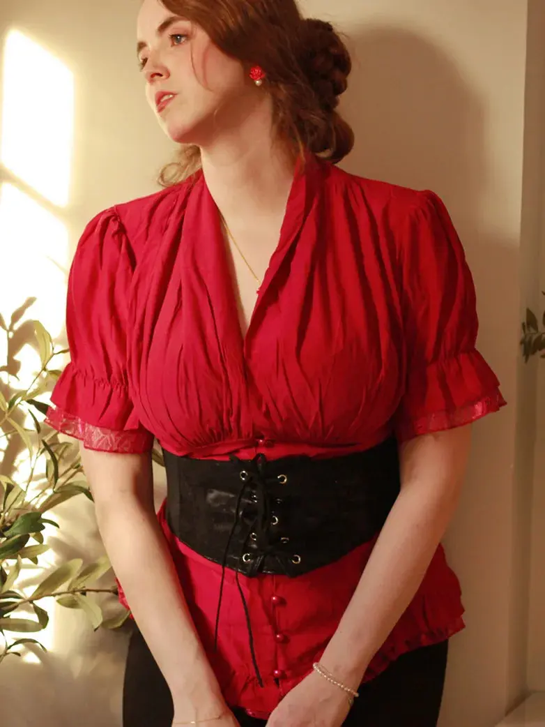 Ladies Victorian Blouse Lace Up Pleated Shirt - Image 5