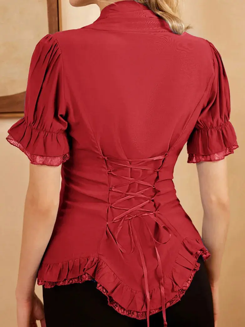 Ladies Victorian Blouse Lace Up Pleated Shirt - Image 7