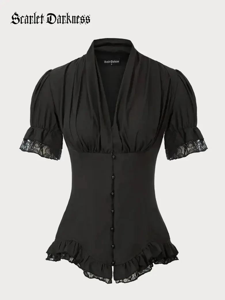 Ladies Victorian Blouse Lace Up Pleated Shirt - Image 8