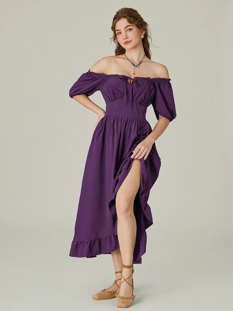 Women Victorian Square Neck Drawstring Lace Maxi Dress - Image 17