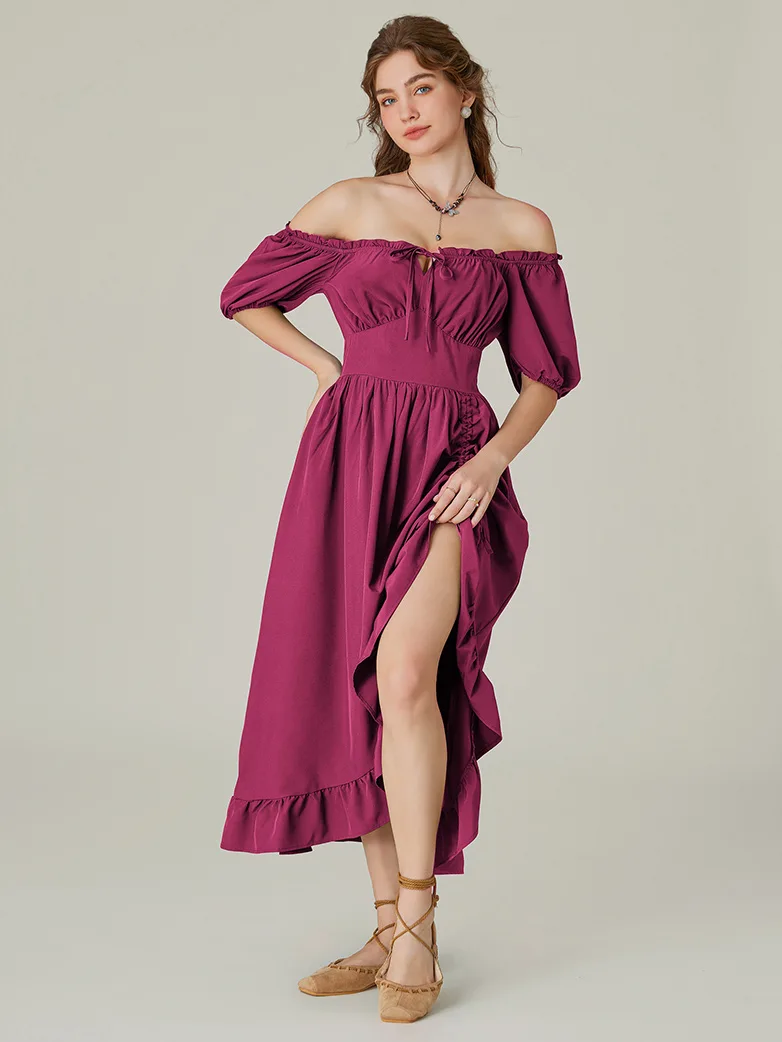 Women Victorian Square Neck Drawstring Lace Maxi Dress - Image 34