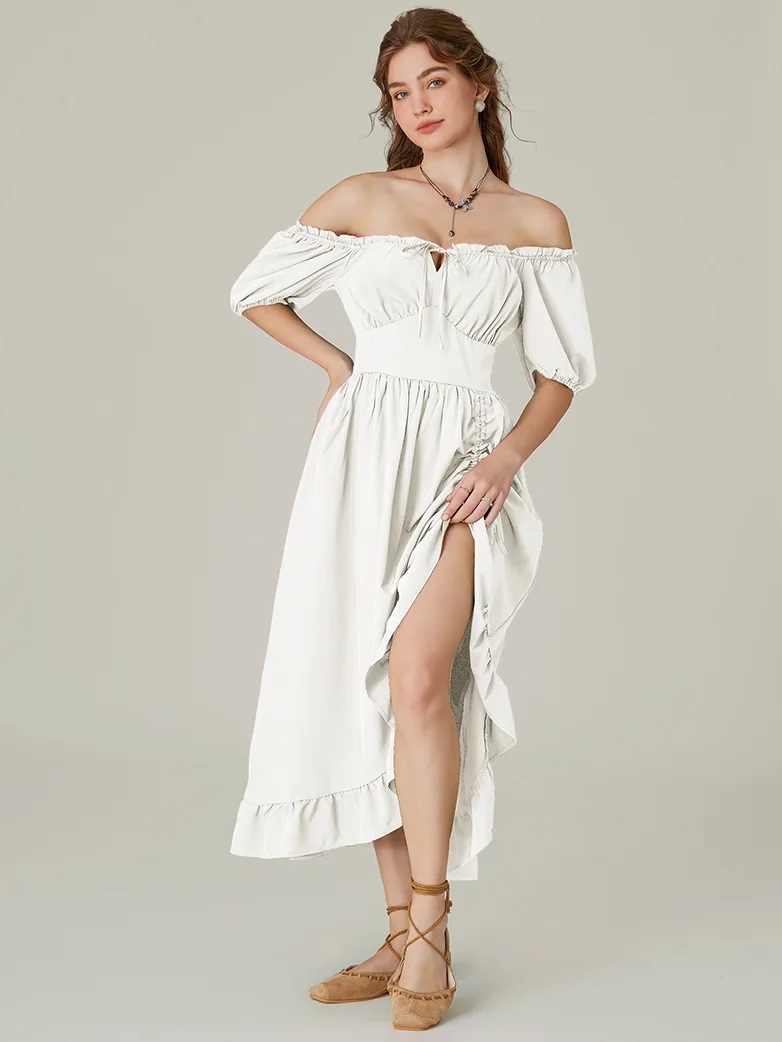 Women Victorian Square Neck Drawstring Lace Maxi Dress - Image 36