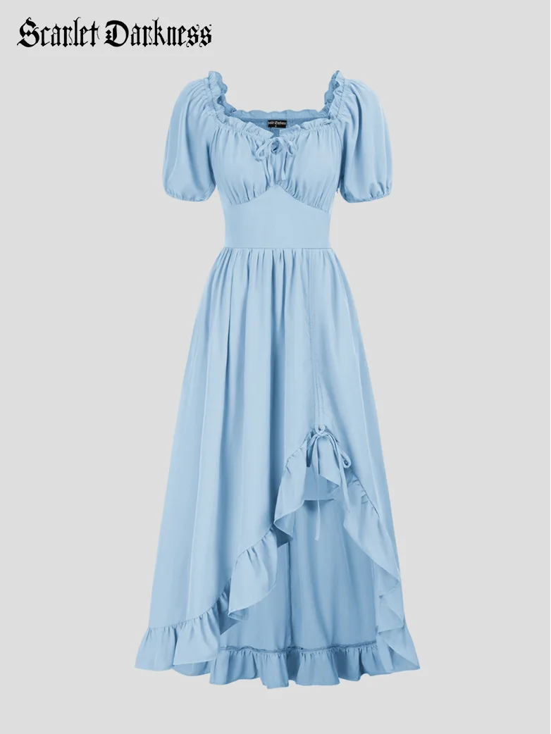 Women Victorian Square Neck Drawstring Lace Maxi Dress - Image 39