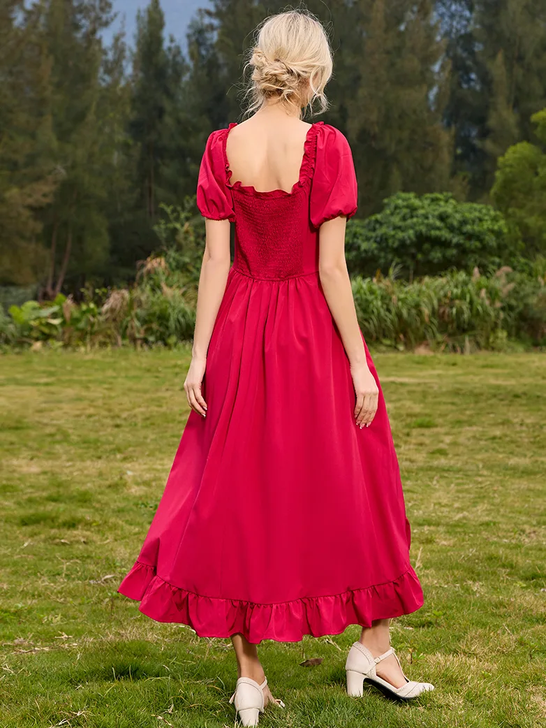 Women Victorian Square Neck Drawstring Lace Maxi Dress - Image 44