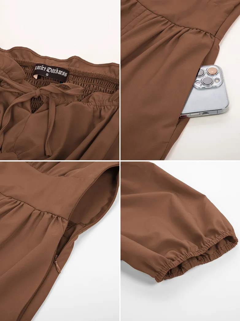 Women Victorian Square Neck Drawstring Lace Maxi Dress - Image 51